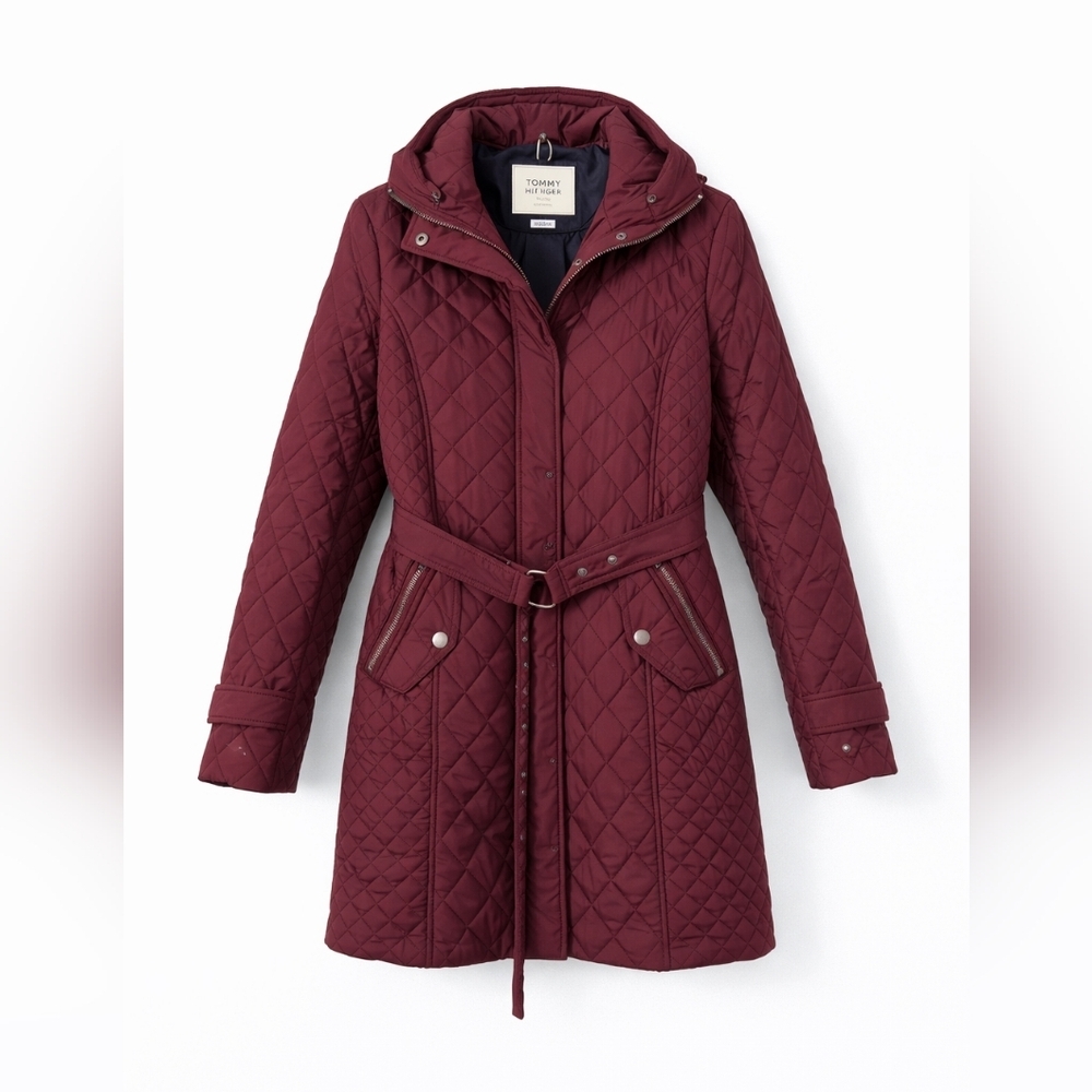 Tommy Hilfiger Quilted Belted Puffer Coat in Burgundy
